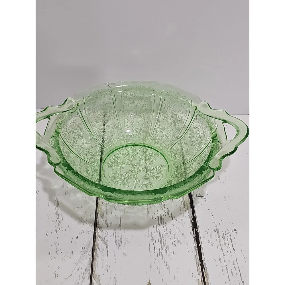 VTG Jeanette Cherry Blossom Green Depression Glass Serving Bowl with handles